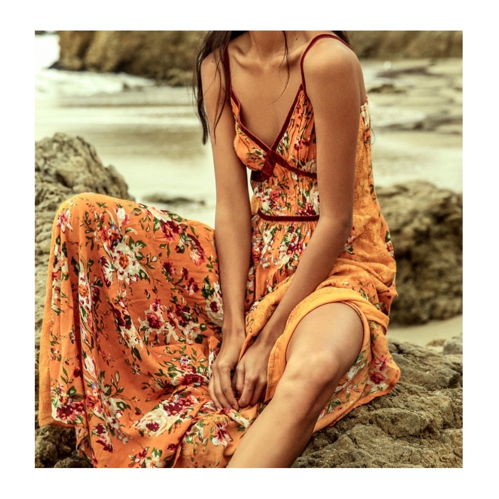 Mustard Yellow Floral Lace Velvet Trim Maxi Dress Boho Sleeveless